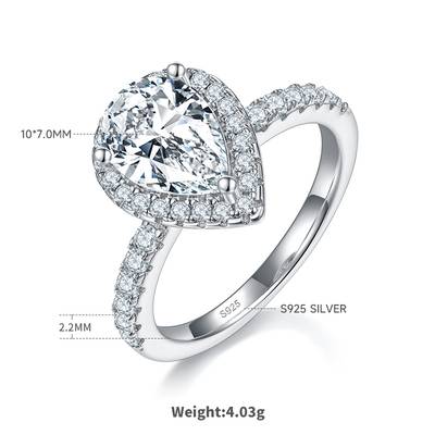 Luxury Pear Moissanite Women's Proposal Ring 2.0 Carat D-Class in 925 Silver
